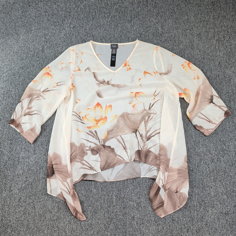 Chicos Travelers Collection Lotus Floral Sheer Handkerchief Hem Tunic Top Size 2